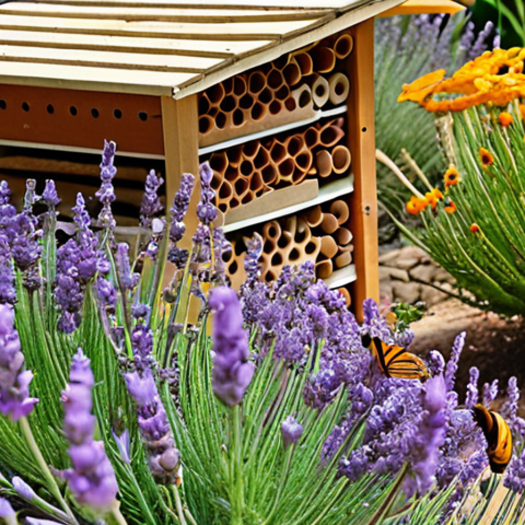 ** A vibrant garden overflowing with native Mediterranean plants (lavender, rosemary, calendula). Butterflies and bees are flitting around the flowers. A small insect hotel is visible in the background. Focus on the biodiversity and abundance of insect life.

**
