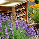 ** A vibrant garden overflowing with native Mediterranean plants (lavender, rosemary, calendula). Butterflies and bees are flitting around the flowers. A small insect hotel is visible in the background. Focus on the biodiversity and abundance of insect life.

**