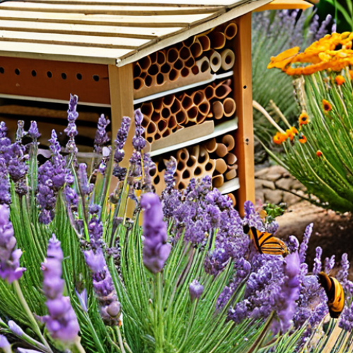 Home 6 ** A vibrant garden overflowing with native Mediterranean plants (lavender, rosemary, calendula). Butterflies and bees are flitting around the flowers. A small insect hotel is visible in the background. Focus on the biodiversity and abundance of insect life.
**