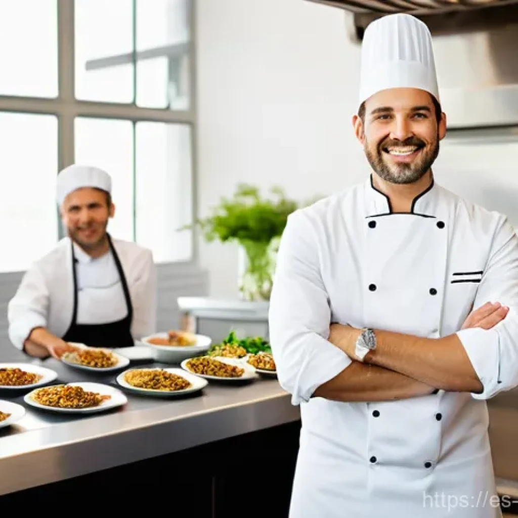 곤충 산업 전망 분석 - **Prompt:** A wide shot of a brightly lit, modern Spanish restaurant kitchen, with a charismatic Spa...