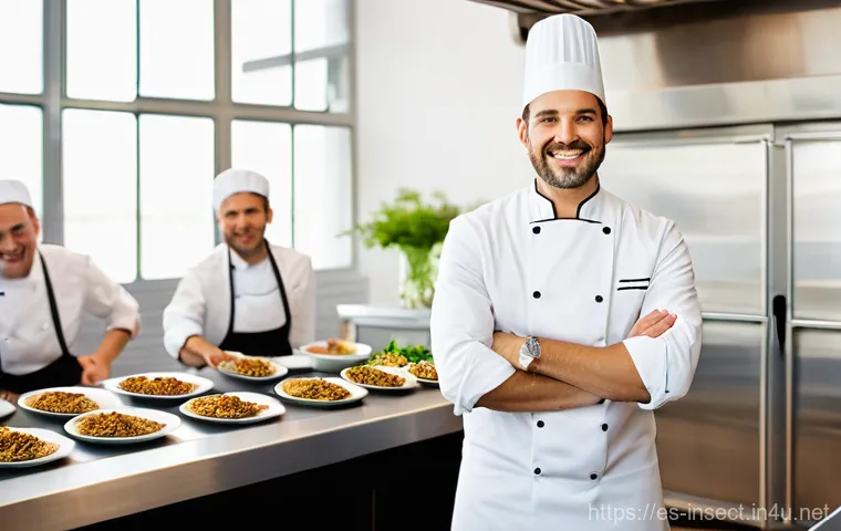 곤충 산업 전망 분석 - **Prompt:** A wide shot of a brightly lit, modern Spanish restaurant kitchen, with a charismatic Spa...