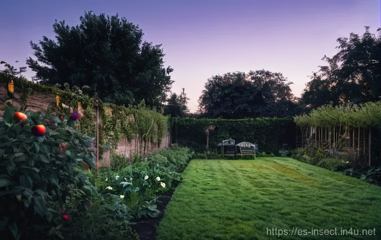 곤충 서식지 변화와 영향 - **Prompt:** An empty, desaturated garden at dusk, conveying a sense of loss and silence. The once vi...