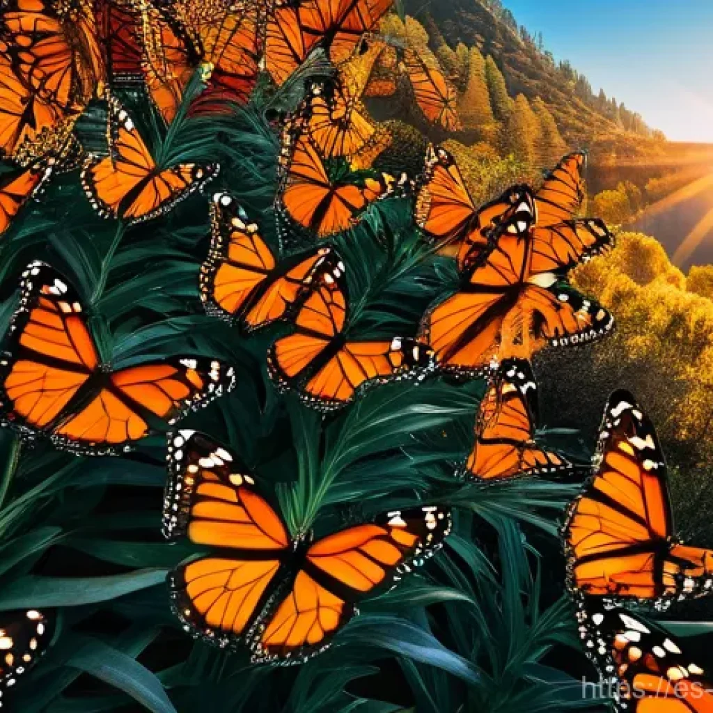 곤충의 이동 패턴 연구 - **Prompt:** A majestic, high-resolution photographic image capturing the grand scale of the Monarch ...