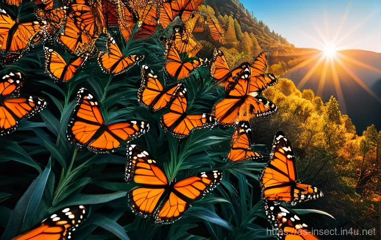 곤충의 이동 패턴 연구 - **Prompt:** A majestic, high-resolution photographic image capturing the grand scale of the Monarch ...