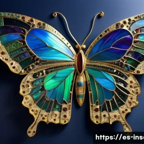 Home 26 곤충을 활용한 미술 - A large, intricate mosaic art piece crafted from ethically sourced butterfly wings. The wings displa...
