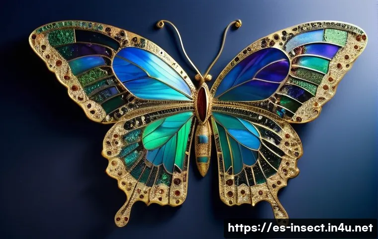 곤충을 활용한 미술 - A large, intricate mosaic art piece crafted from ethically sourced butterfly wings. The wings displa...