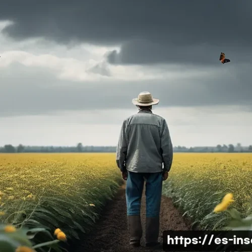 Home 13 곤충 멸종에 따른 환경적 변화 - **Prompt 1: The Vanishing Pollinators**
A melancholic, middle-aged farmer, dressed in practical ...