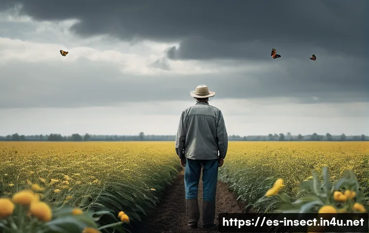 곤충 멸종에 따른 환경적 변화 - **Prompt 1: The Vanishing Pollinators**
    A melancholic, middle-aged farmer, dressed in practical ...