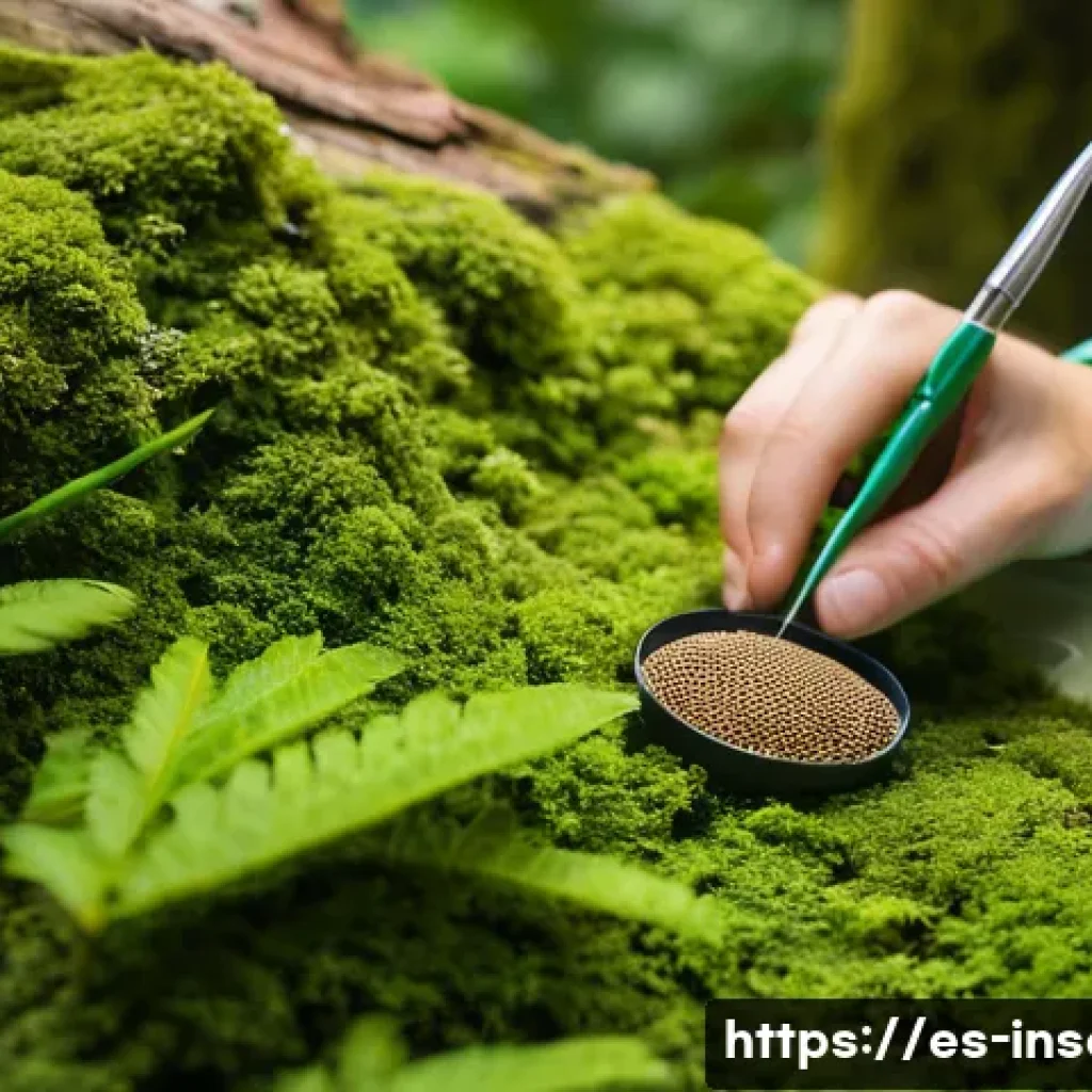 곤충의 알 채집 및 보관법 - A detailed close-up scene of a natural forest environment on a sunny day, focusing on various insect...