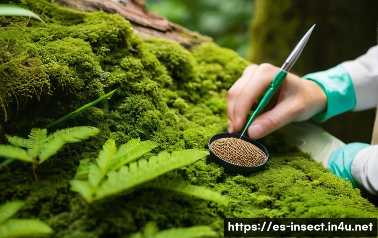 곤충의 알 채집 및 보관법 - A detailed close-up scene of a natural forest environment on a sunny day, focusing on various insect...