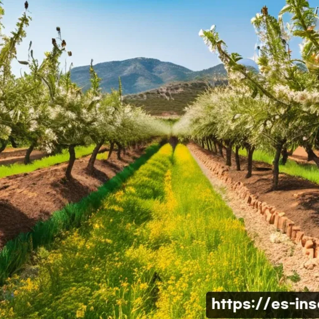 곤충과 수분 작용 사례 - A vibrant agricultural orchard scene in Spain featuring honey bees actively pollinating apple, tomat...
