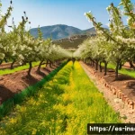 Home 22 곤충과 수분 작용 사례 - A vibrant agricultural orchard scene in Spain featuring honey bees actively pollinating apple, tomat...