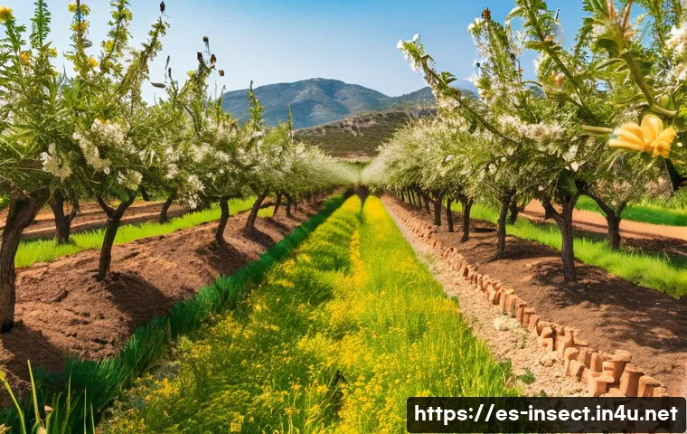 곤충과 수분 작용 사례 - A vibrant agricultural orchard scene in Spain featuring honey bees actively pollinating apple, tomat...