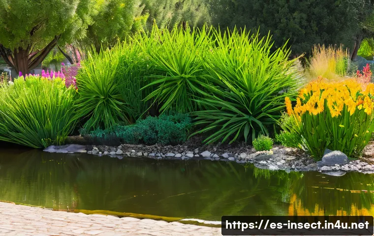 곤충 생태계 보존 방안 - A vibrant urban native garden scene in a Spanish-speaking city, showing diverse flowering plants, sh...