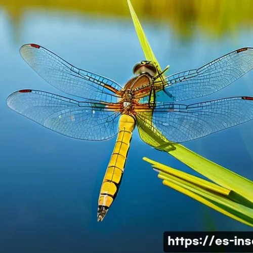 Home 32 곤충의 비행 메커니즘 연구 - A detailed close-up of a dragonfly in flight over a wetland habitat, showcasing its two pairs of ind...