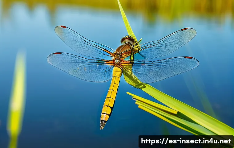 곤충의 비행 메커니즘 연구 - A detailed close-up of a dragonfly in flight over a wetland habitat, showcasing its two pairs of ind...
