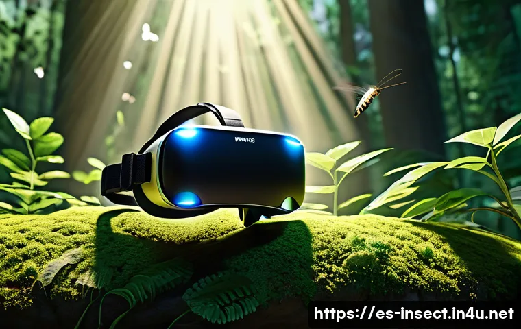 곤충 관련 VR 콘텐츠 - A highly detailed 3D rendering of a virtual reality insect microhabitat, showcasing close-up views o...