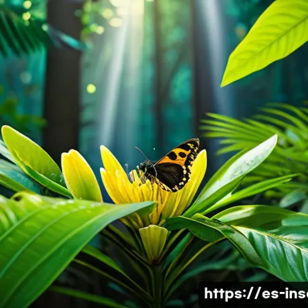 곤충 관련 서적 추천 - A vibrant tropical rainforest scene filled with a diverse array of colorful insects including butter...