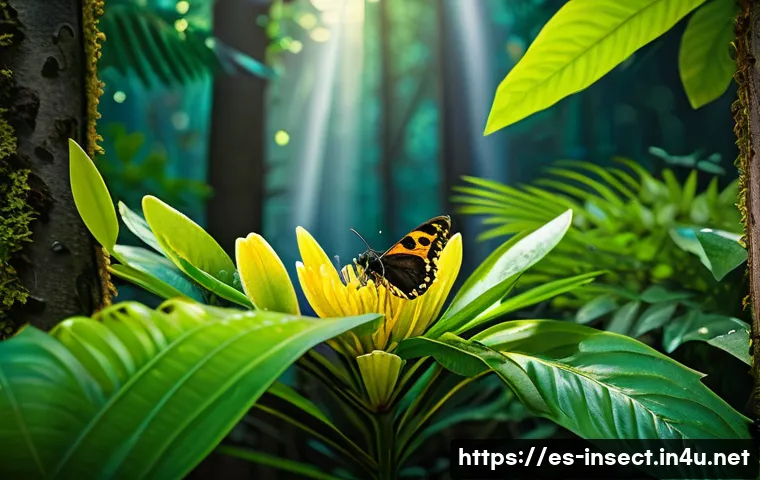 곤충 관련 서적 추천 - A vibrant tropical rainforest scene filled with a diverse array of colorful insects including butter...