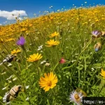 Home 23 곤충이 식물에 미치는 영향 - A vibrant close-up scene of a diverse group of pollinating insects including European honeybees (Api...