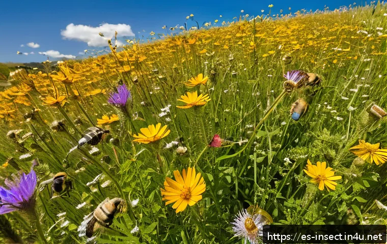 곤충이 식물에 미치는 영향 - A vibrant close-up scene of a diverse group of pollinating insects including European honeybees (Api...