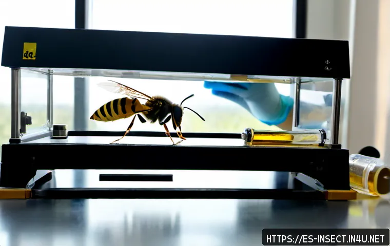 곤충의 독성 연구 사례 - Photorealistic scientific study of insect venom: a researcher in a clean modern laboratory wearing p...