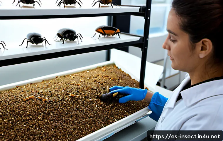 곤충 번식 유도 기술 - Photorealistic macro view inside a modern insect-rearing laboratory in Spain, a researcher wearing p...
