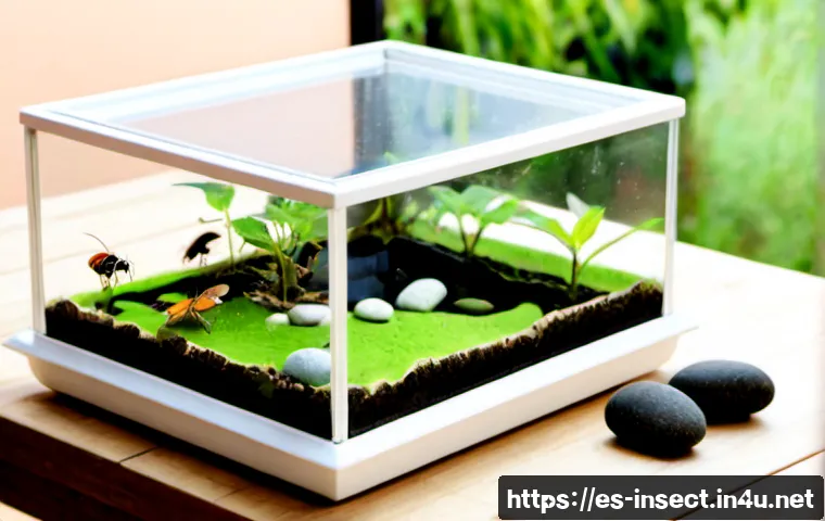 Home 17 곤충 사육 키트 추천 - Photorealistic home insect rearing kit arranged neatly on a bright wooden table: clear ventilated te...