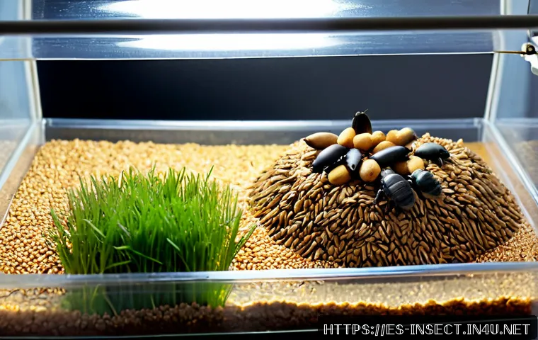 곤충 번식용 적합 환경 - Photorealistic macro scene of a well-ventilated insect breeding terrarium for mealworms, clear plast...