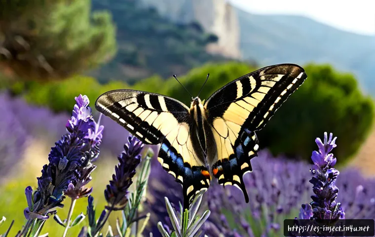 나비 종류 및 분포 - Photorealistic macro wildlife scene of a vivid European swallowtail butterfly resting on purple lave...